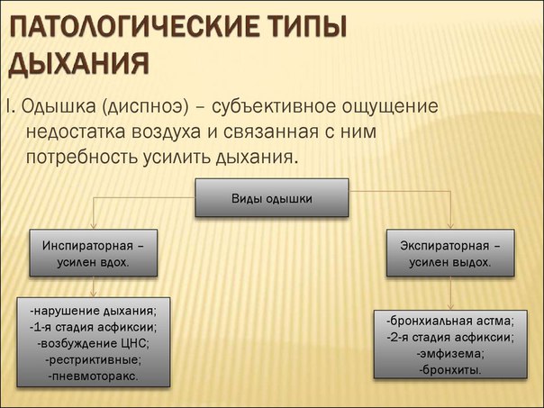 Одышка (dyspnoe) - тягостное, мучительное ощущение недостаточности дыхания, отражающее восприятие повышенной работы дыхательной мускулатуры. Одышка сопровождается комплексом неприятных ощущений в виде стеснения в груди и нехватки воздуха, доводящих иногда до мучительных приступов удушья. Эти ощущения формируются в лимбической области, структурах мозга, где также возникают реакции тревоги, страха и беспокойства, что придает одышке соответствующие оттенки. 